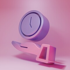 Purple-pink Clock icon isolated on pink background. Time symbol. Minimalism concept. 3D render illustration