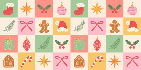 Fototapeta na wymiar Christmas cute vintage seamless pattern. Modern Xmas mosaic background with hand drawn Christmas holiday elements, red bow, holly, socks, gingerbread, candy cane, star, baubles. Vector illustration.