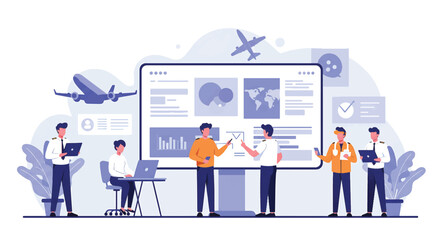 Illustration of a team collaborating around a large presentation screen with various graphics and an airplane flying overhead.