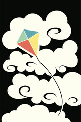 Vibrant Kite Soars High Amongst Fluffy White Clouds