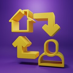 Yellow Online working icon isolated on purple background. Freelancer man working on laptop at his house. Remote work. Distant job concept. Minimalism concept. 3D render illustration