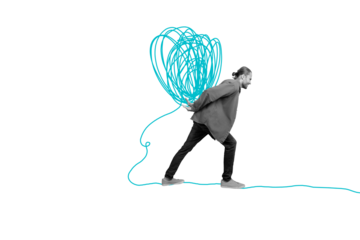 Composite photo collage of sad man carry scribble ball problem mental health work pressure deadline trouble isolated on painted background