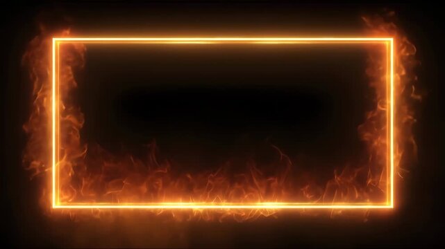 Fire neon light rectangle frame loop animated background. Burning neon lights frame box. Fire line glowing rectangle border