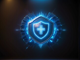 A futuristic, glowing blue shield with a neon cross at its center, surrounded by digital energy spikes and circuitry  symbolizing advanced cybersecurity or tech protection.