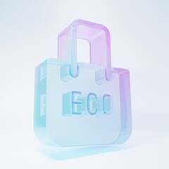 Obraz premium Frosted glass Paper shopping bag with recycle icon isolated on white background. Bag with recycling symbol. Minimalism concept. 3D render illustration