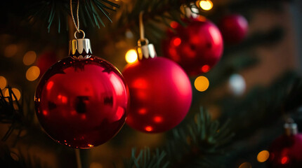 Close up of red Christmas balls on a Christmas tree with bokeh background