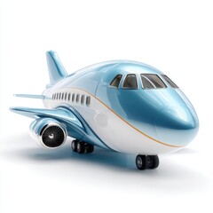 Sleek modern passenger airplane with blue and white fuselage detailed engine and landing gear
