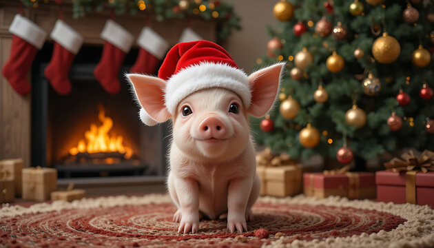 Cute Christmas Piglet by the Festive Tree and Fireplace
