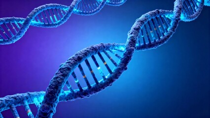 Double helix DNA structure illuminated in blue tones against a gradient background