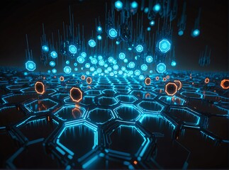 A futuristic digital landscape featuring glowing blue hexagonal grids with floating, neon-lit data particles suspended in a dark void  evoking advanced technology and cybernetic realms.