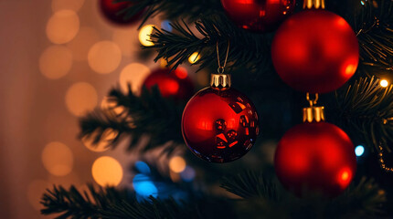 Close up of red Christmas balls on a Christmas tree with bokeh background