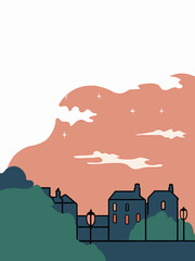 Mysterious Town Skyline at Dusk with Illuminating Lights and Colorful Clouds