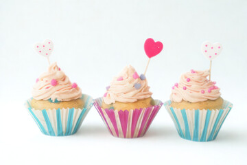 Three sweet cupcakes with pink frosting and decorations