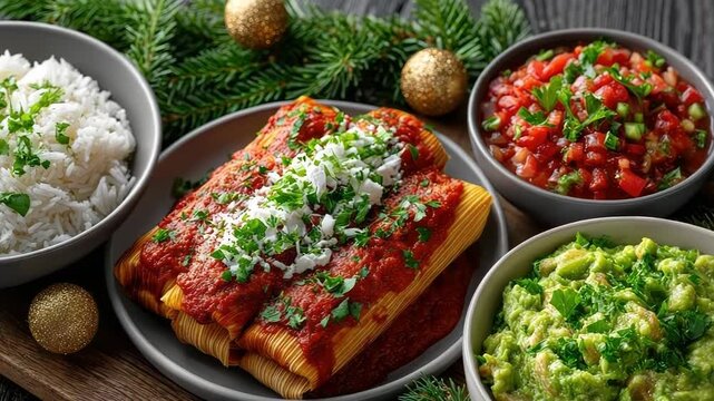 Festive Mexican Christmas table featuring classic tamales, served with zesty guacamole, flavorful rice, and delicious corn, all decorated with decorative pine branches and holiday ornaments