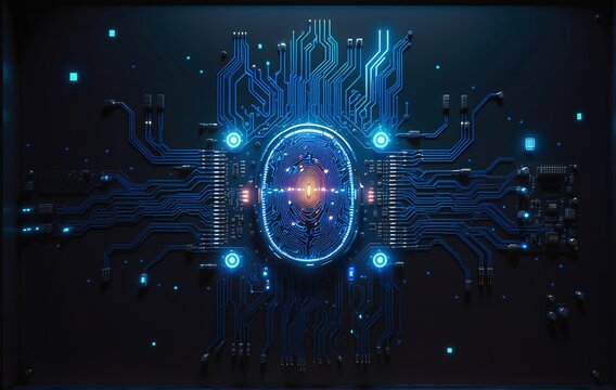 A futuristic circuit board with glowing blue pathways converging toward a central, radiant neural coreevoking advanced technology and data processing.