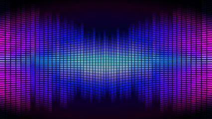 Vibrant digital music equalizer bars in a symmetrical glowing neon pattern. Features a gradient from pink purple to bright blue on a dark background, perfect for tech, audio, or party themes.