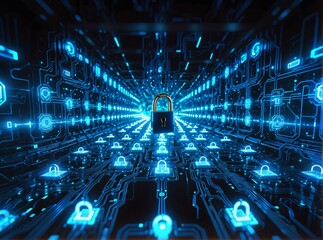 A futuristic digital corridor illuminated by glowing blue circuitry, with a central golden padlock symbolizing cybersecurity and data protection in a high-tech network environment.