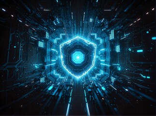 A futuristic, cybernetic tunnel illuminated by glowing blue circuitry and a central hexagonal shield emblem  symbolizing advanced technology, digital security, or immersive virtual reality.