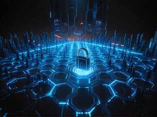 A futuristic digital landscape with glowing blue hexagonal grids and towering data structures, centered around a radiant holographic lock symbolizing cybersecurity and protection in the tech age.