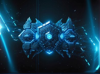 Futuristic blue cybernetic shield with glowing hexagonal design, surrounded by digital circuitry and radiant light beams in a dark space setting.