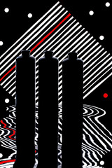 Still life with three bottles on a striped background with reflection