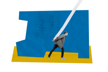 Composite photo collage of tired dissatisfied man carry figure shape business development career effort isolated on painted background