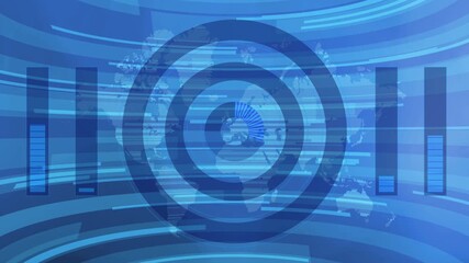 Abstract blue digital background showing a stylized world map, circular progress indicators, and bar graphs representing global data analysis, finance, communication, or futuristic technology. - Powered by Adobe