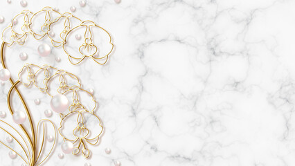 gold flowers, pearls and marble background