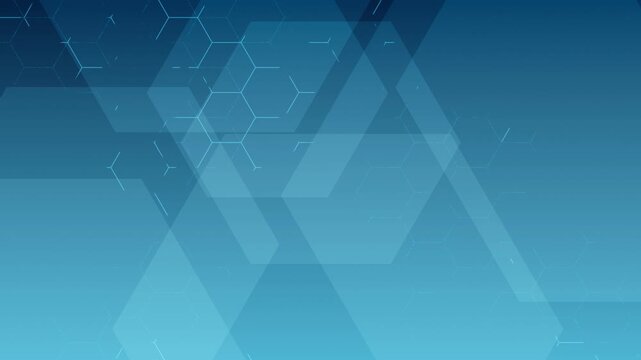 Loopable abstract background with overlapping slow motion translucent geometric honeycomb hexagon shapes and floating interconnected network dots, digital technology, science, chemistry themes
