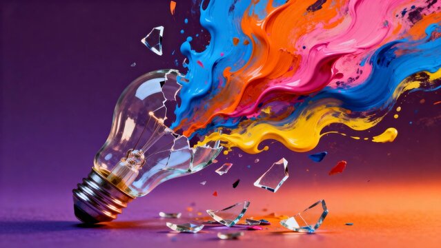 A shattered light bulb releasing vibrant, colorful paint-like streams against a gradient background - Powered by Adobe