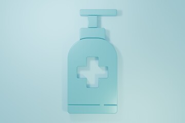 Blue Bottle of liquid antibacterial soap with dispenser icon isolated on blue background. Antiseptic. Disinfection, hygiene, skin care. Minimalism concept. 3D render illustration