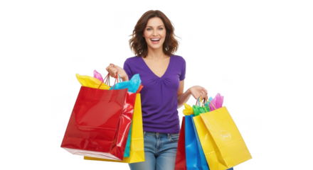 Happy woman with shopping bags isolated on transparent background
