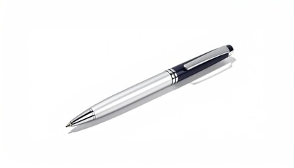 Sleek pen with silver body resting on a white surface