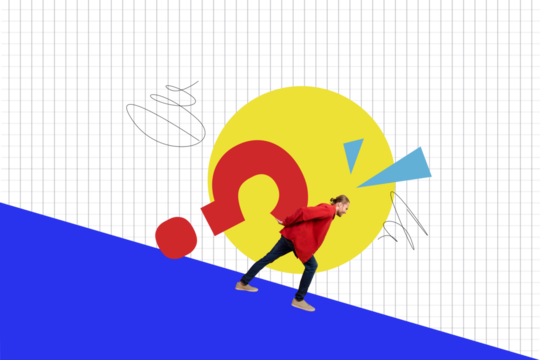 Composite trend artwork sketch image collage of young person man walk carry question mark progress colorful background action motivation