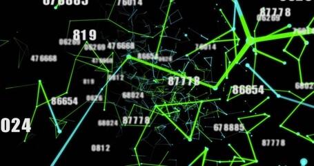 Abstract 3D network swirling in virtual data space, with neon green and cyan lines, numeric labels