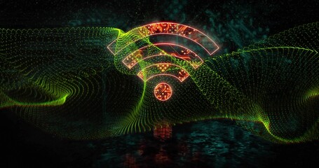 Floating glowing orange-red Wi-Fi icon in abstract digital landscape, with neon-green point arrays