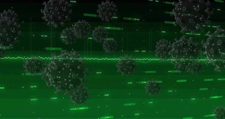 Central virus-like 3D sphere floating in schematic environment, with numeric labels and green bars