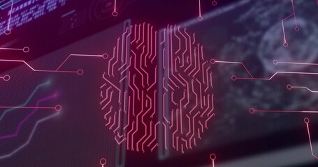 Projecting circuit traces from neon-pink circuit-brain in data console, with data graphs and globe