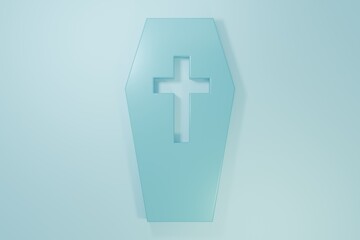Obraz premium Blue Coffin with christian cross icon isolated on blue background. Happy Halloween party. Minimalism concept. 3D render illustration