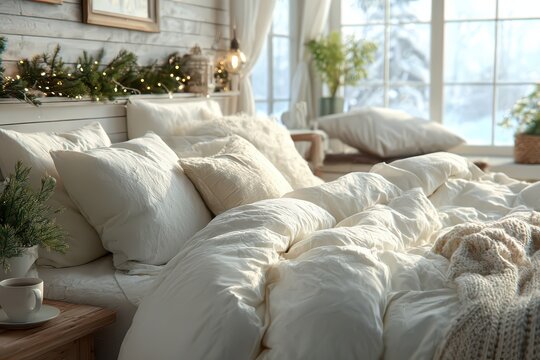Cozy winter bedroom with soft white bedding and warm festive lights.