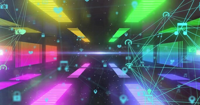 Floating cyan network nodes connecting digital service icons in virtual data matrix, colorful bars