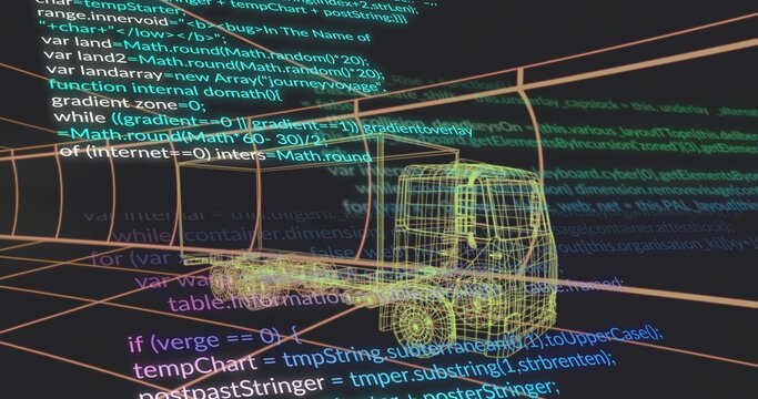 Fototapeta Displaying 3D wireframe semi-truck model above grid plane, overlaying scrolling code in interface