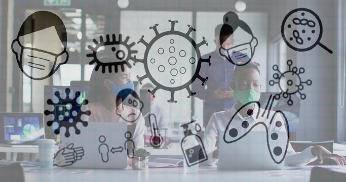 Collaborating masked office workers reviewing data at meeting table, with laptops and health icons