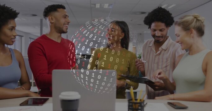 Standing business team discussing data security around office counter, with data sphere and devices