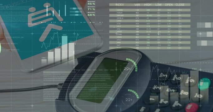 Displaying contactless card reader with cable connecting smartphone chart at desk, keypad overlays
