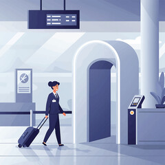 Illustration of a businesswoman walking with a suitcase through an airport terminal with a security scanner and departure board in the background.