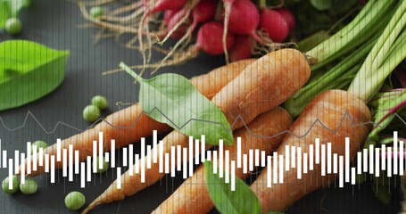 Displaying green-topped carrots resting on dark surface, with radishes, peas, white audio waveform © vectorfusionart