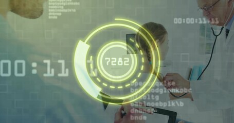 Child patient receiving stethoscope exam from doctor at clinic, with clipboard and digital overlays