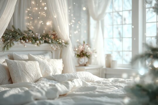Cozy winter wonderland bedroom with sparkling fairy lights and festive decor. - Powered by Adobe