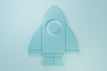 Blue Rocket ship icon isolated on blue background. Space travel. Minimalism concept. 3D render illustration
